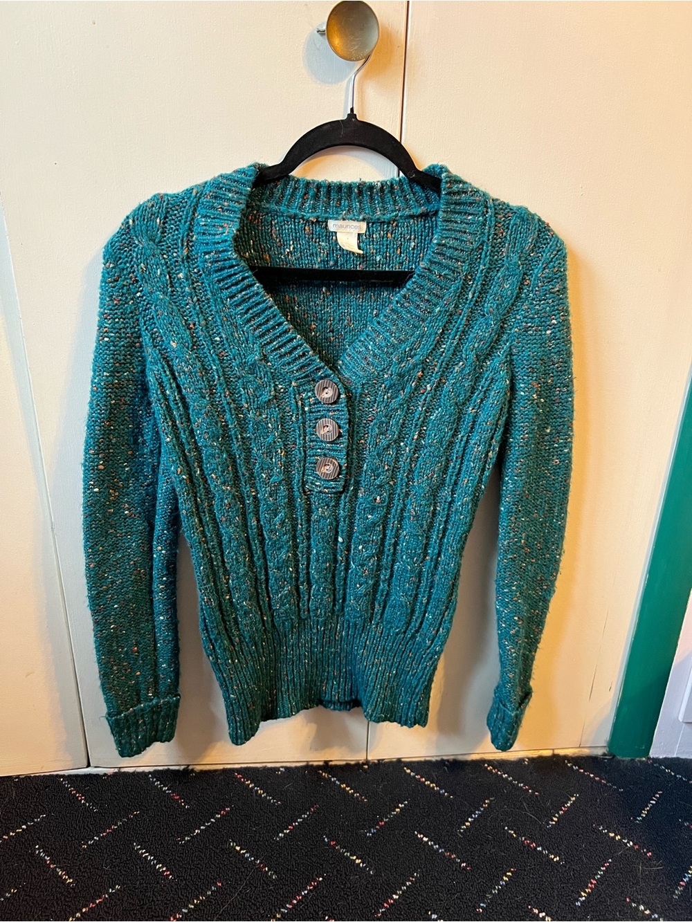 Maurices Teal Cable-Knit V-Neck Sweater with Button Placket